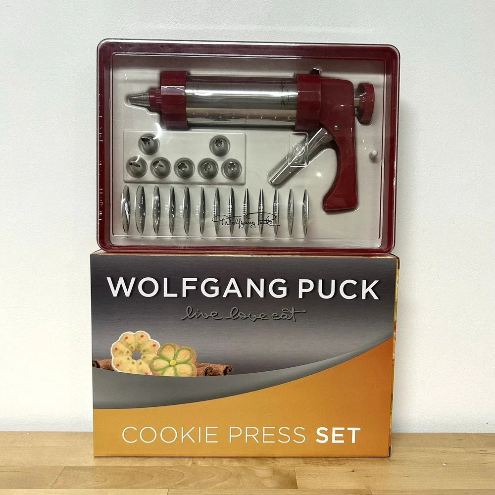 Wolfgang Puck Cookie Press Set Discs Tips Red Storage Box Holiday Baking Kit NEW